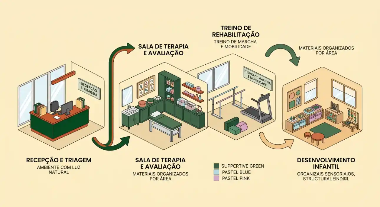 Ilustração isométrica de layout de clínica, com recepção e triagem, salas de terapia e avaliação, treinamento de reabilitação e desenvolvimento infantil, com mobiliário organizado por áreas.