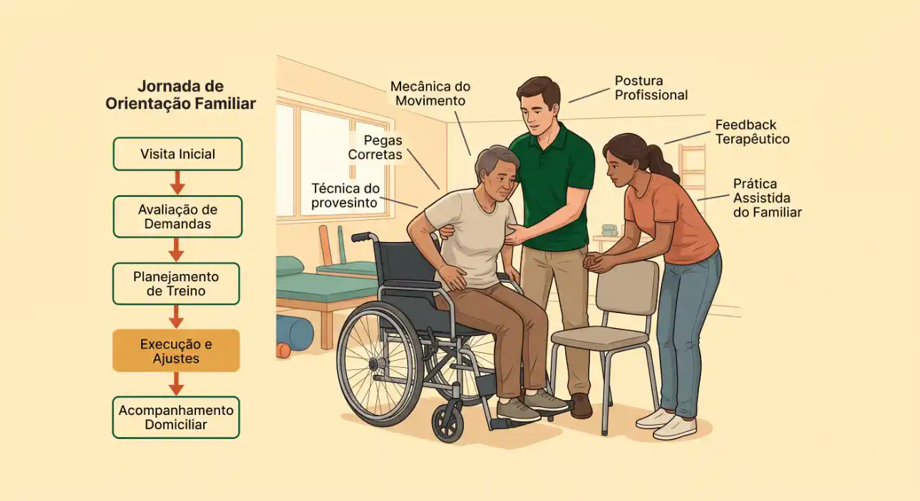 Ilustração explicativa da jornada de orientação familiar: profissional auxilia pessoa em cadeira de rodas e familiares durante avaliação, treinamento, prática assistida e feedback terapêutico.