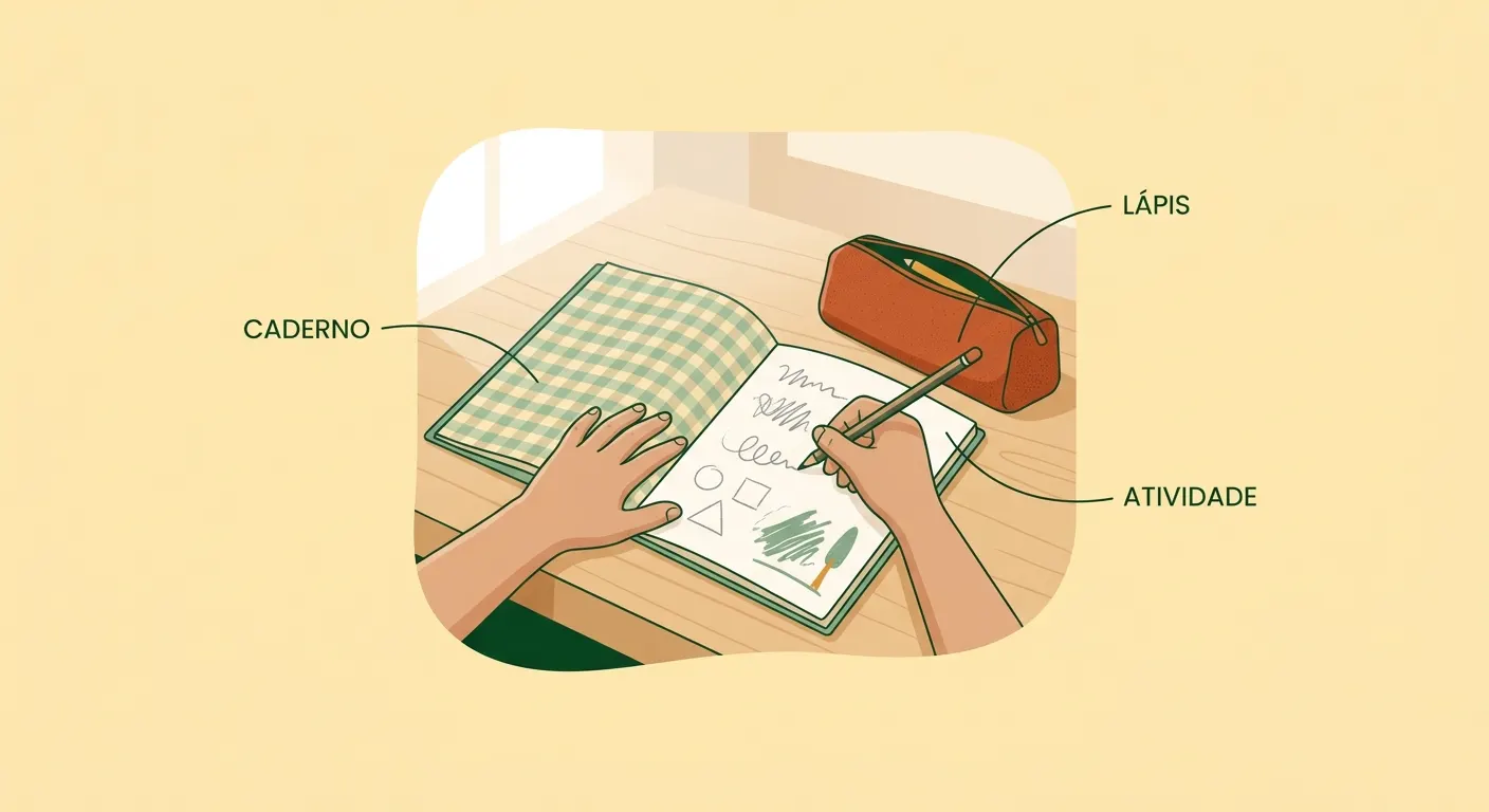 Ilustração de mãos fazendo atividade em um caderno sobre uma mesa com lápis e borracha, com estojo ao lado. Texto indica caderno, lápis e atividade.