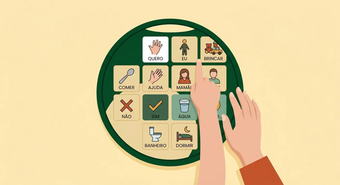 Ilustração educativa com uma mão tentando tocar um painel circular de símbolos de rotinas e cuidados, com opções como comer, ajuda, mamãe, brincar, não e sim, banheiro e dormir.
