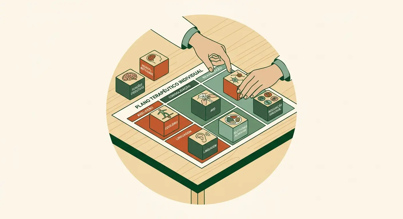 Ilustração vetorial com mãos apontando para um diagrama de plano terapêutico individual com caixas e categorias organizadas em um quadro, em estilo minimalista