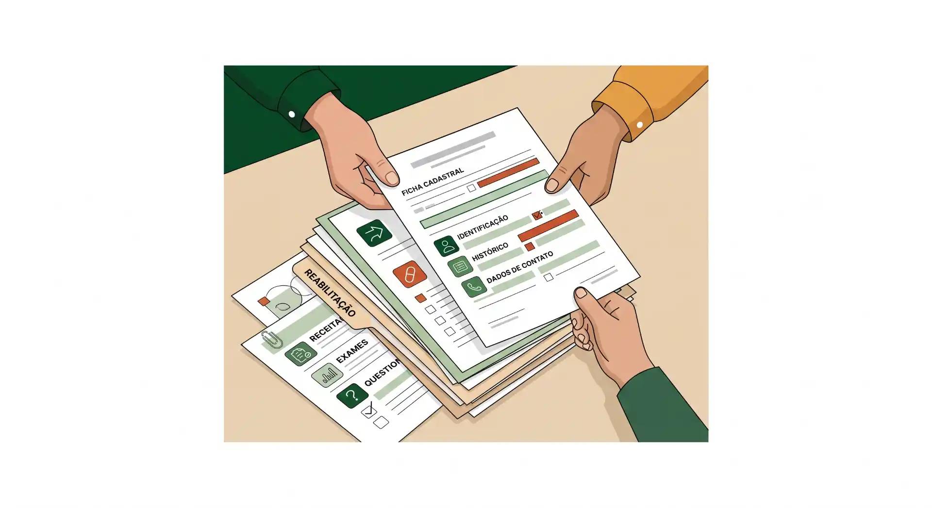 Ilustração mostrando mãos preenchendo e conferindo um conjunto de formulários de ficha cadastral, com seções como identificação, histórico, contatos e campos de verificação