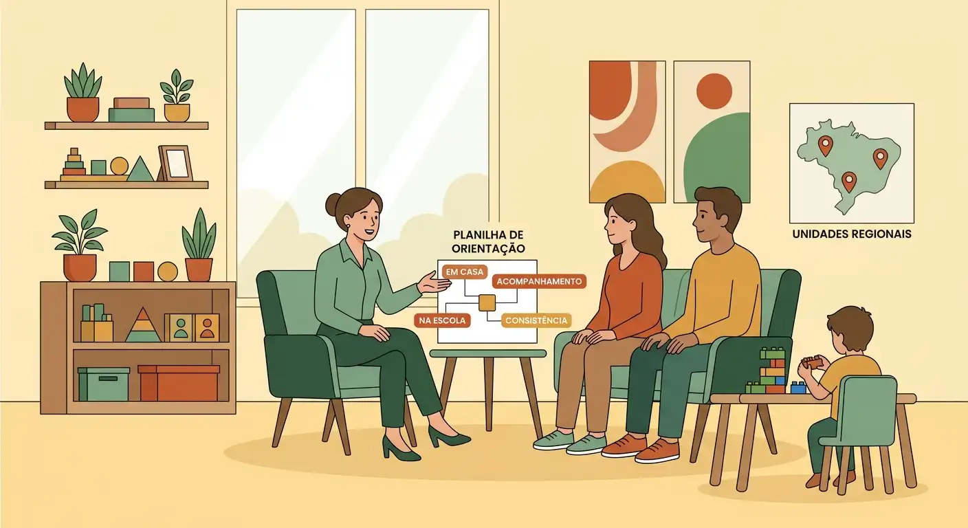 Ilustração de uma sessão de orientação com uma profissional ensinando uma planilha em sala de aula, enquanto pessoas e uma criança observam; ao lado, ícones de unidades regionais e acompanhamento escolar.