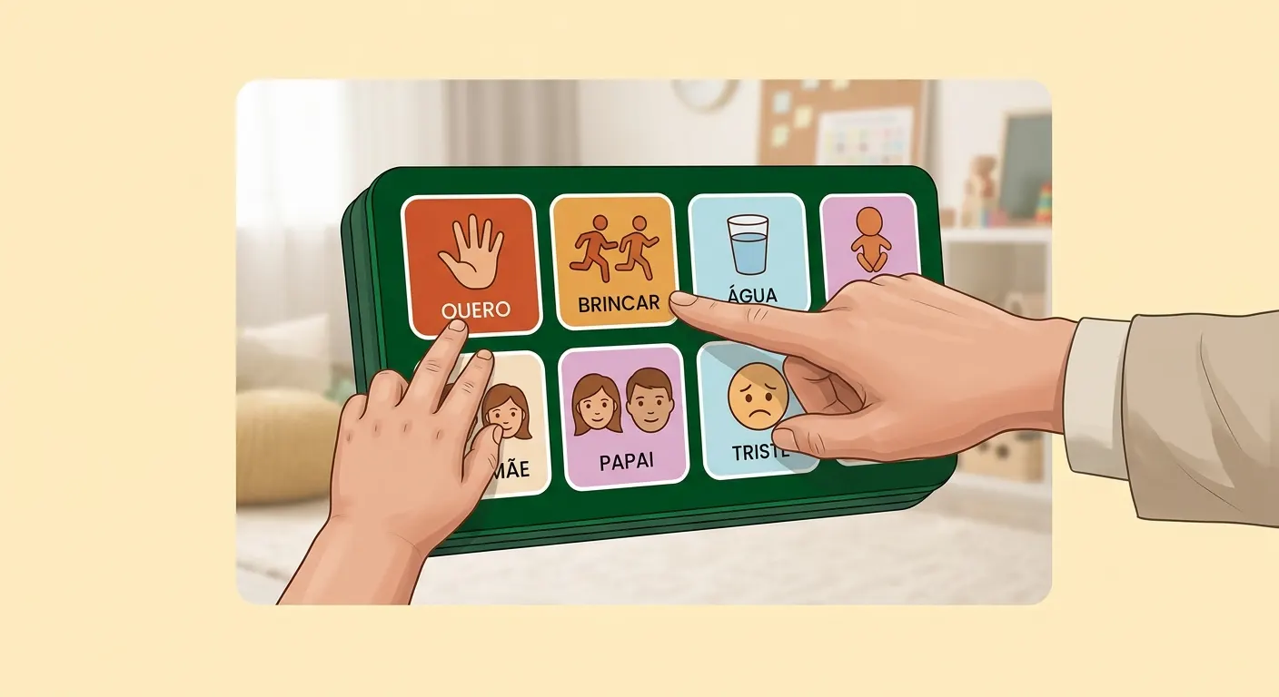 Crianças brincando com um jogo educativo de encaixe com botões e imagens para aprender: Quero, Brincar, Água, Mãe, Papai e Tris, com mãos apontando as cartas.