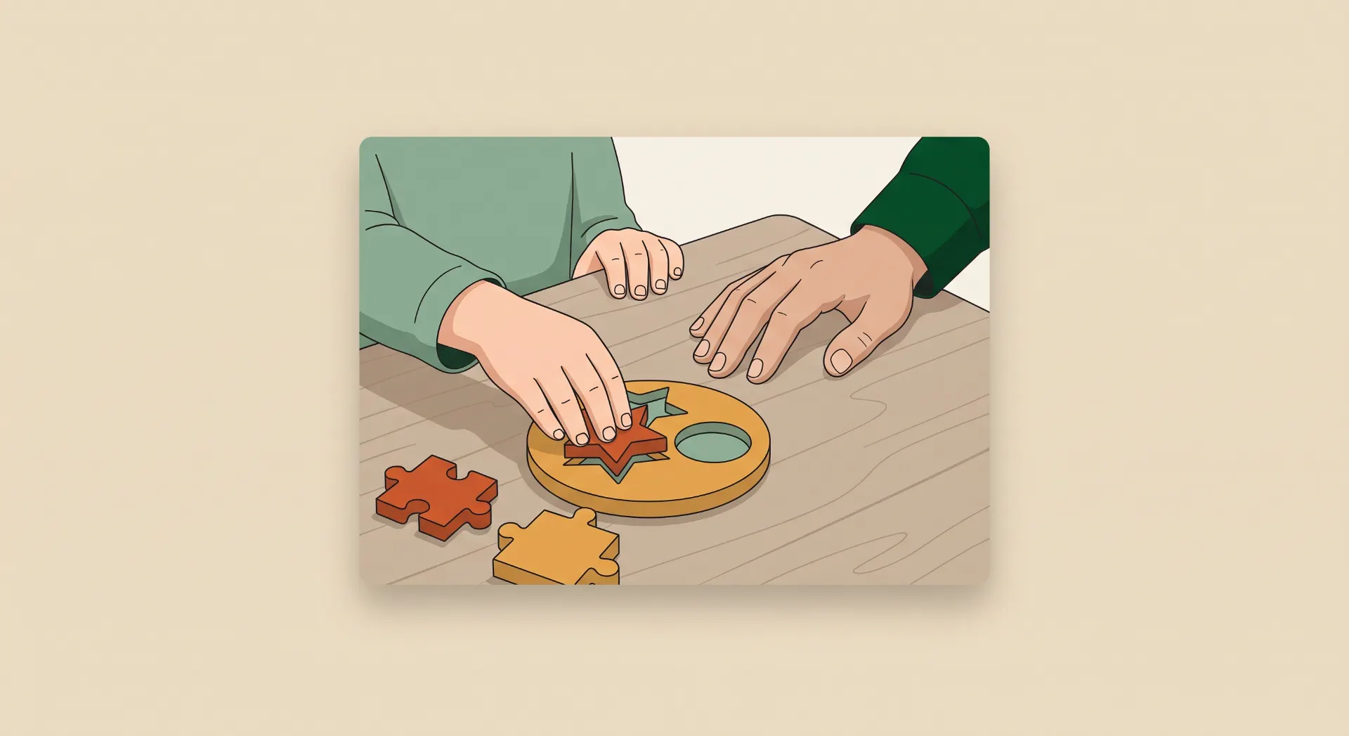 Ilustração em estilo vetorial de mãos montando um quebra-cabeça de peças de encaixe sobre uma mesa, sugerindo trabalho em equipe e criatividade.