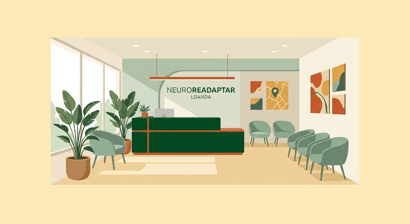 Ilustração de recepção moderna com balcão verde, iluminação linear no teto, cadeiras estofadas ao lado e planta em vaso, com banner escrito "NEUROREADAPTAR LOANDA" ao fundo