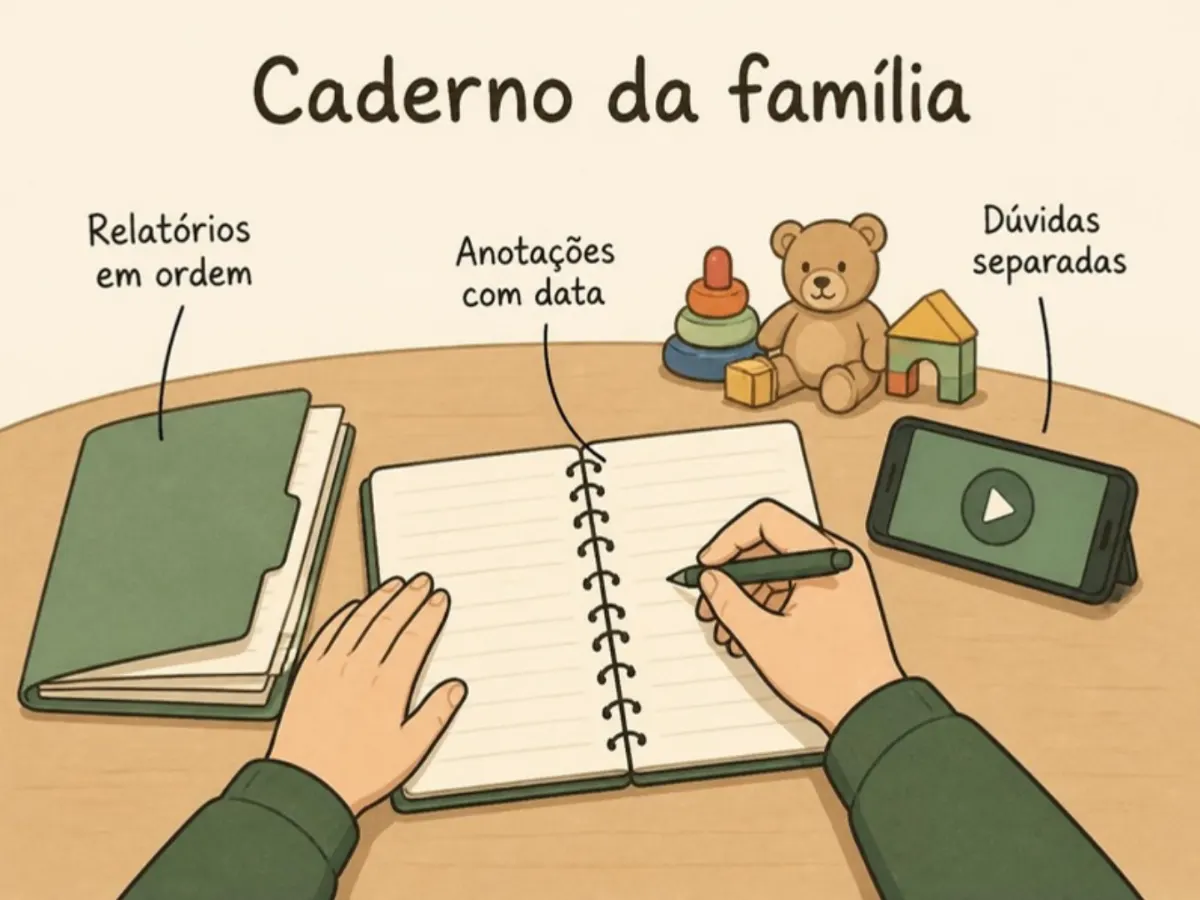 Ilustração de mãos adultas escrevendo em um caderno de acompanhamento com relatórios e anotações da rotina da criança