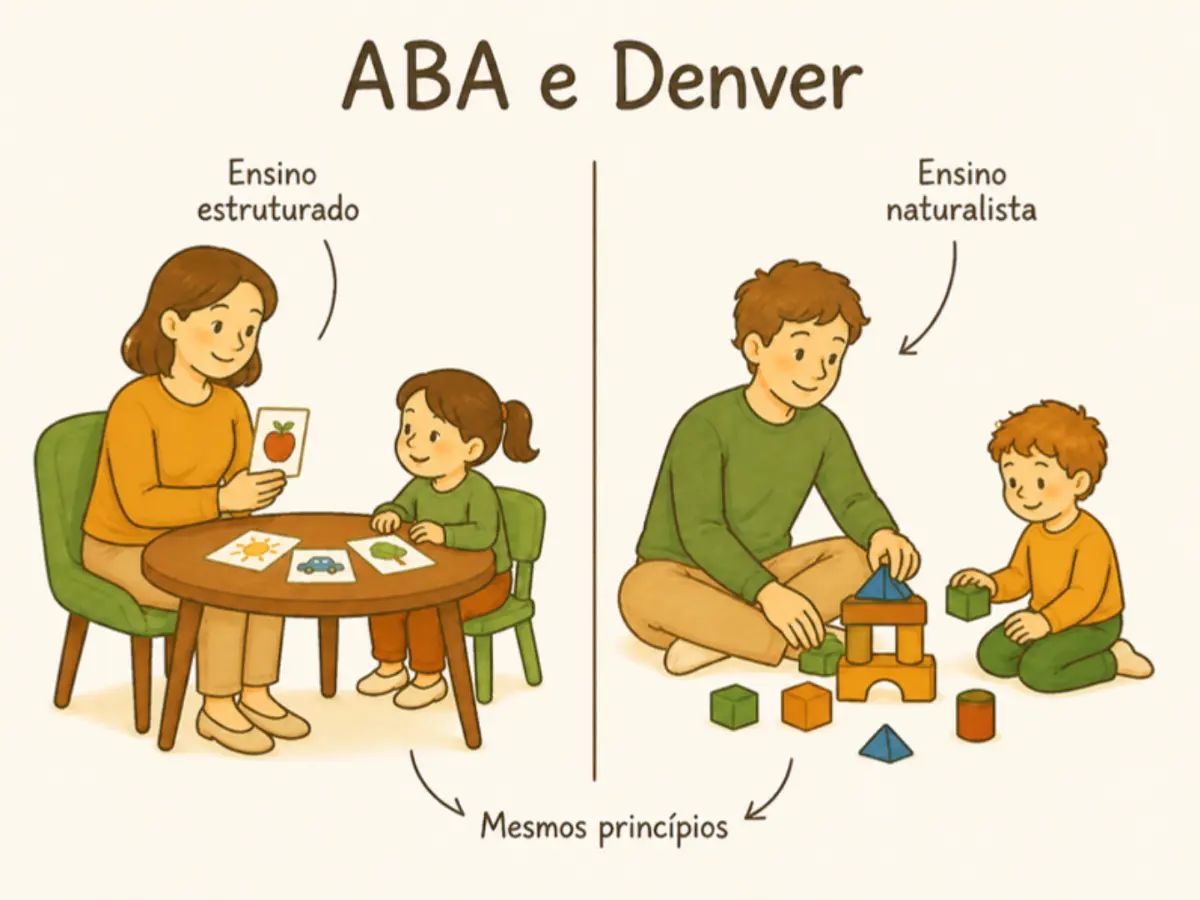 Ilustração com o título ABA e Denver e os rótulos Ensino estruturado, Ensino naturalista e Mesmos princípios
