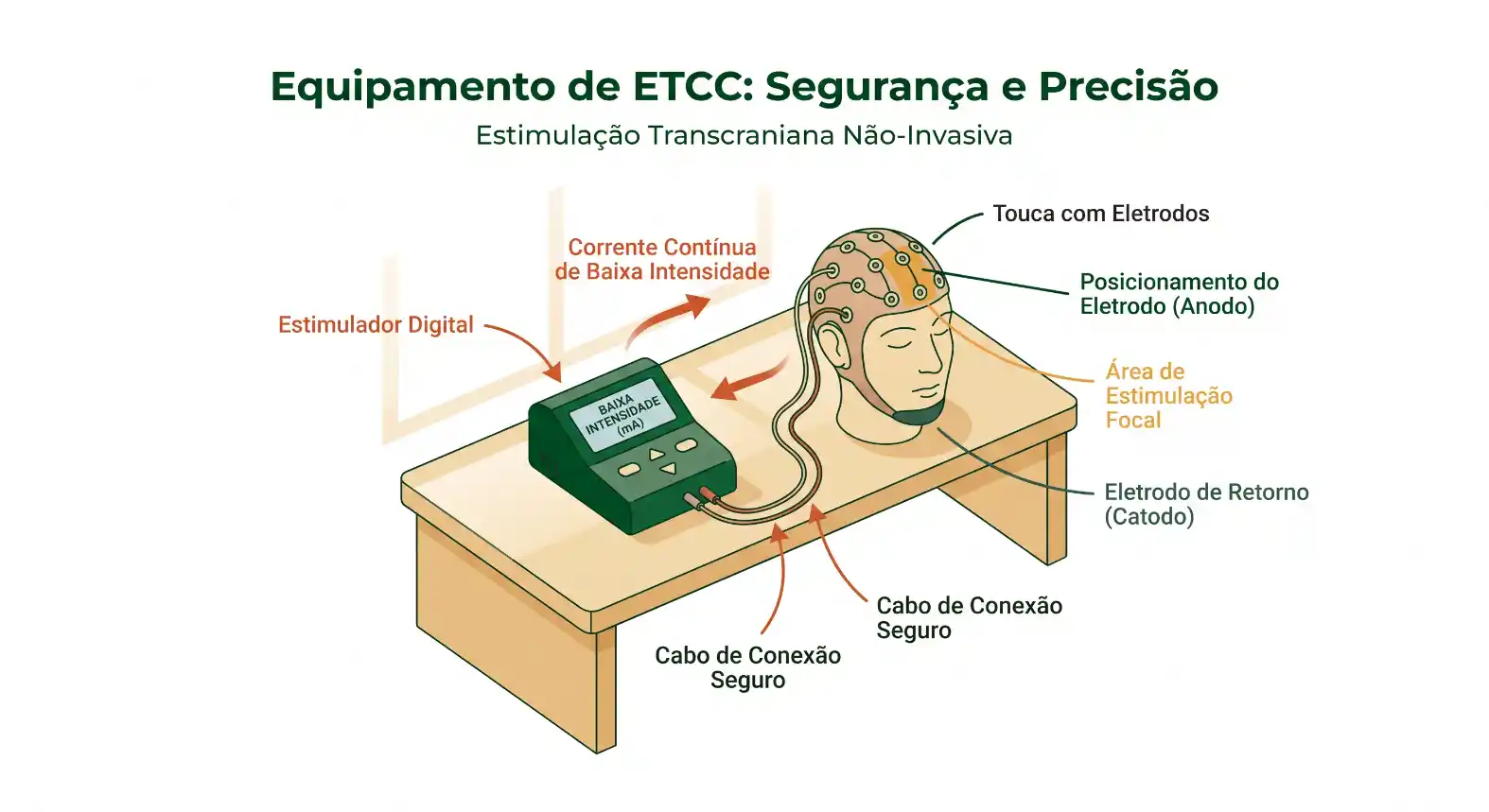 Diagrama ilustrado de equipamento de ETCC com segurança e precisão, mostrando estimulador digital, touca com eletrodos, posicionamento do eletrodo, corrente contínua de baixa intensidade e cabos de conexão