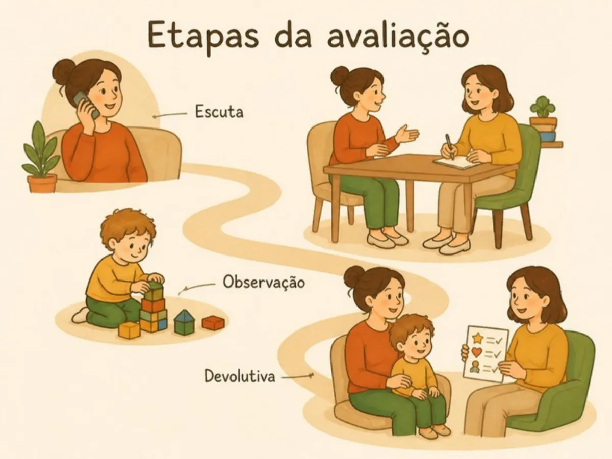 Ilustração das etapas da avaliação inicial em reabilitação neurológica, da escuta da família à devolutiva