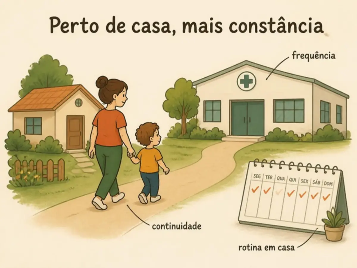 Mãe e filho chegando à clínica por um caminho curto, ao lado de um calendário semanal de sessões de reabilitação