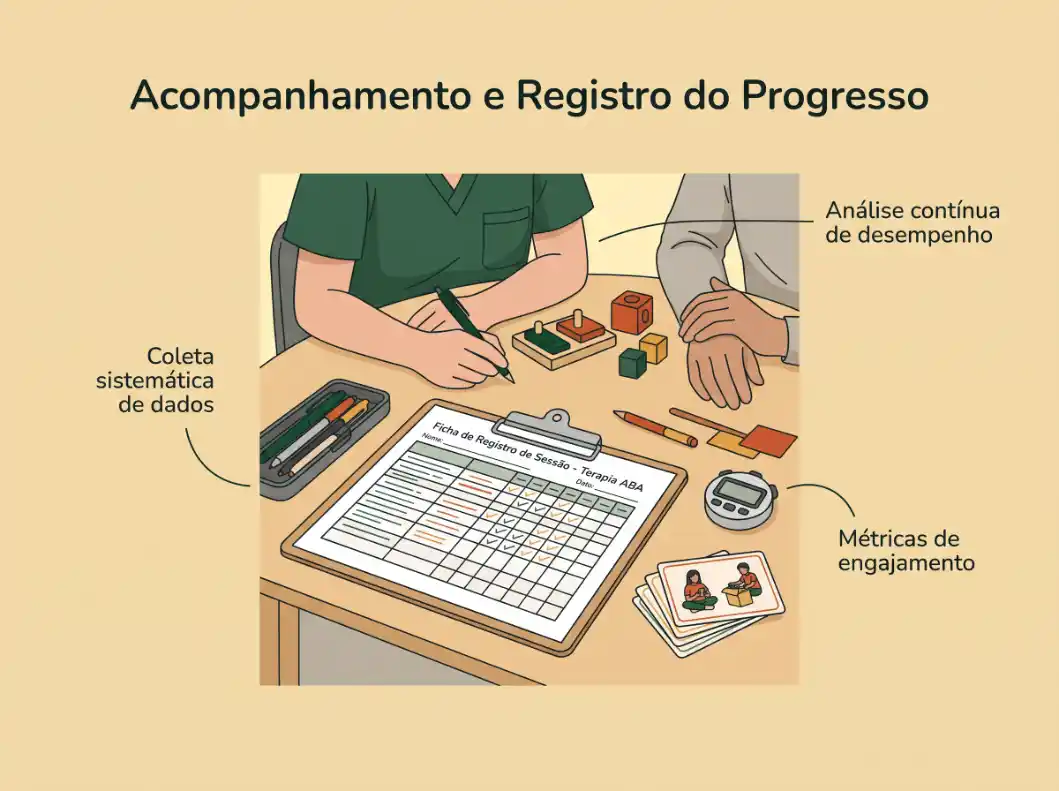 Ilustração sobre acompanhamento e registro do progresso: mãos anotando em uma ficha de sessão com grade de desempenho, dados e blocos coloridos sobre uma mesa, além de métricas e engajamento.