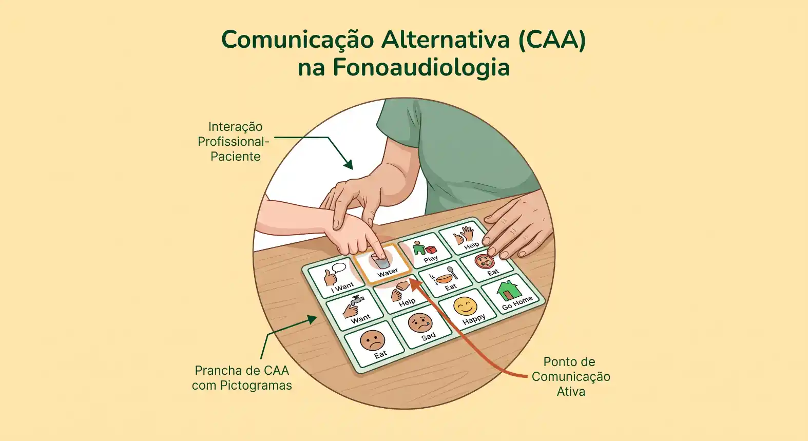 Ilustração educativa sobre Comunicação Alternativa (CAA) na Fonoaudiologia, mostrando interação entre profissional e paciente com uma prancha de comunicação com pictogramas e indicação do ponto de comunicação ativa.