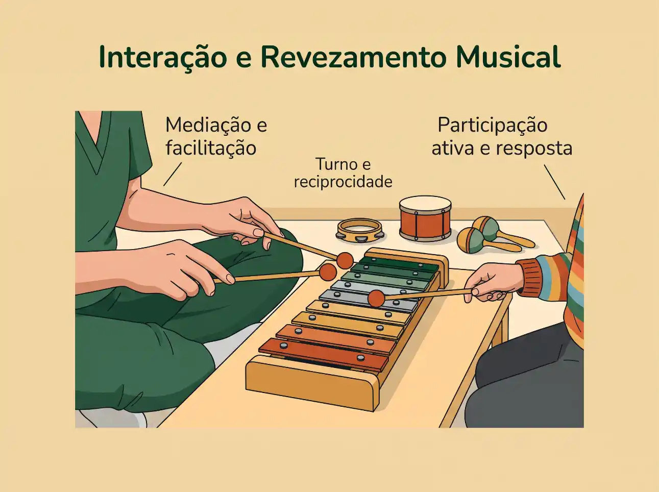 Ilustração com pessoas em volta de um xilofone, com texto “Interação e Revezamento Musical”, destacando mediação e facilitação, turno recíproco e participação ativa e resposta.