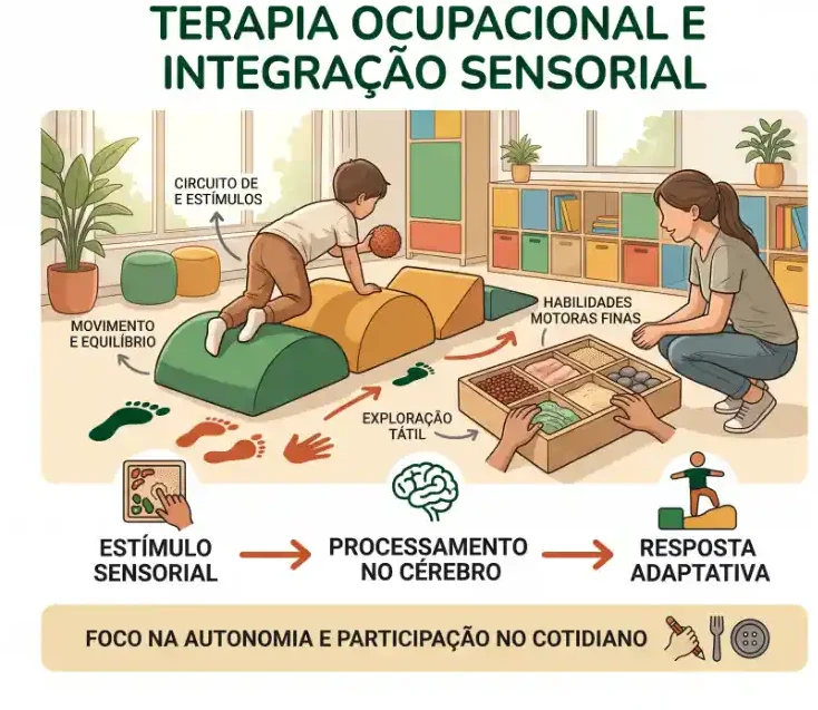 Ilustração educativa sobre Terapia Ocupacional e Integração Sensorial: profissionais e crianças em atividades, com etapas como estímulo sensorial, processamento no cérebro e resposta adaptativa, além de movimento e equilíbrio, circuito de estímulos e habilidades motoras finas.