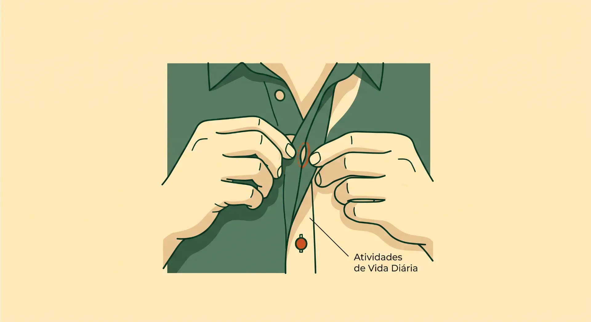 Ilustração em estilo vetorial de duas mãos fechando um botão em uma camisa verde, com detalhes em vermelho no fecho e traços que remetem a cuidado e organização diária. Atividades de Vida Diária.