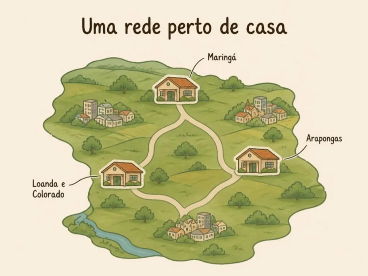 Mapa ilustrado do norte e noroeste do Paraná com as quatro cidades da rede de reabilitação neurológica e cidades vizinhas