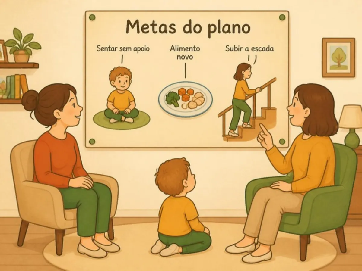 Ilustração de metas funcionais do plano terapêutico, como sentar sem apoio, aceitar alimento novo e subir escada