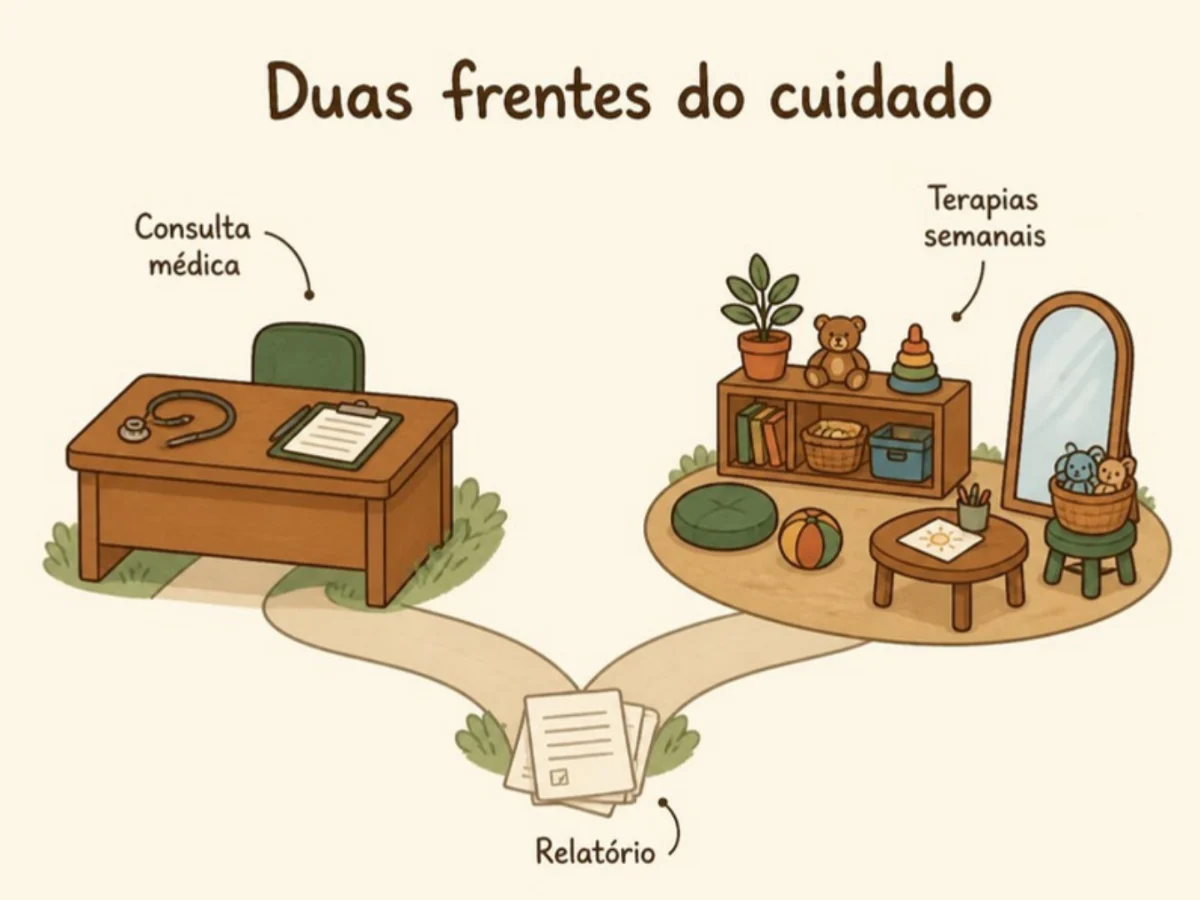 Ilustração de duas trilhas, consulta médica e terapias semanais, ligadas por relatórios no cuidado da criança