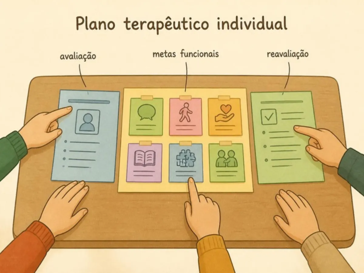 Mãos de profissionais e de um familiar sobre um quadro de metas funcionais do plano terapêutico individual