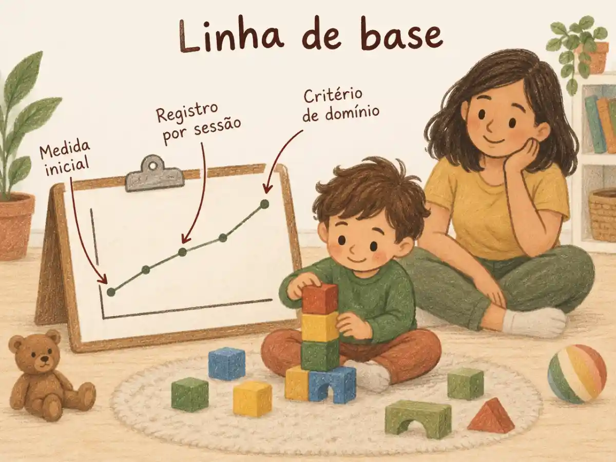 Ilustração com o título Linha de base e os rótulos Medida inicial, Registro por sessão e Critério de domínio