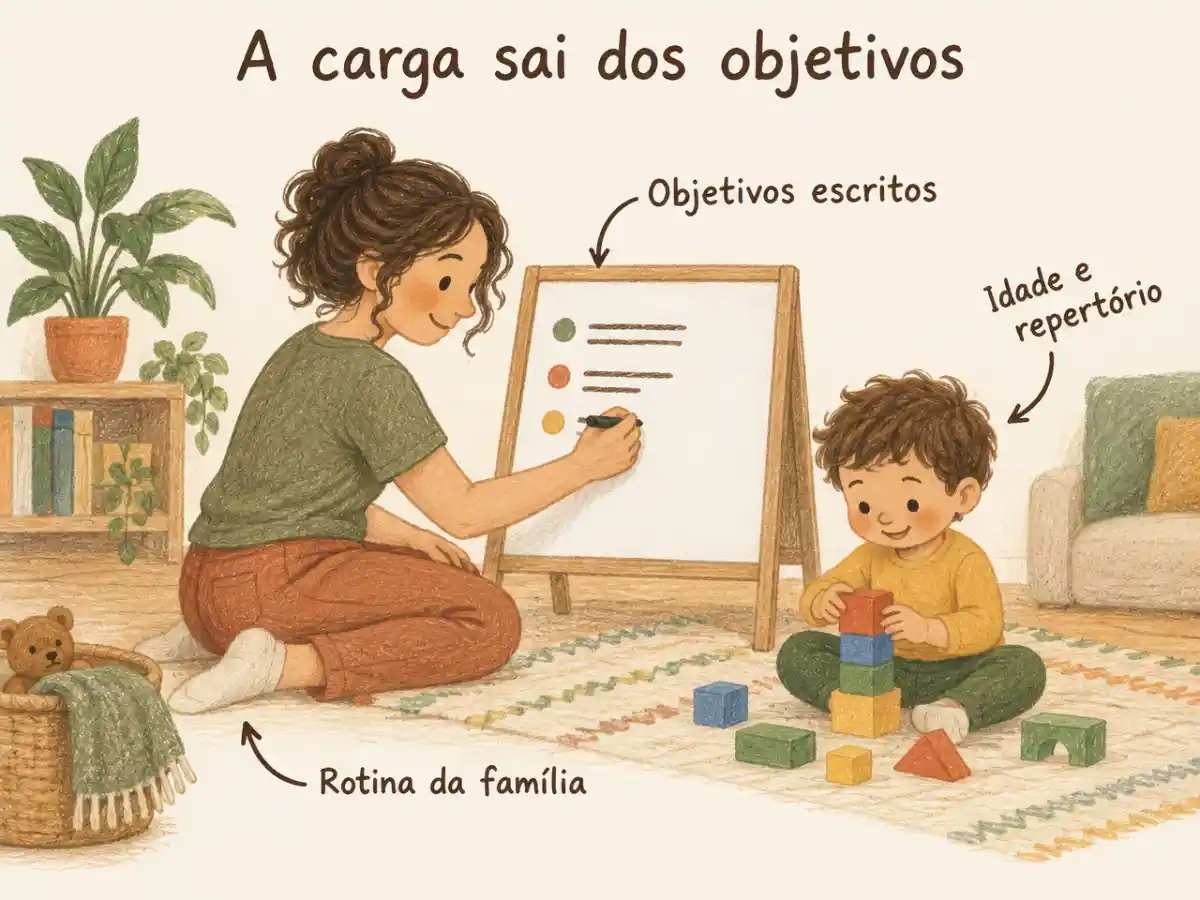 Ilustração com o título A carga sai dos objetivos e os rótulos Objetivos escritos, Idade e repertório e Rotina da família