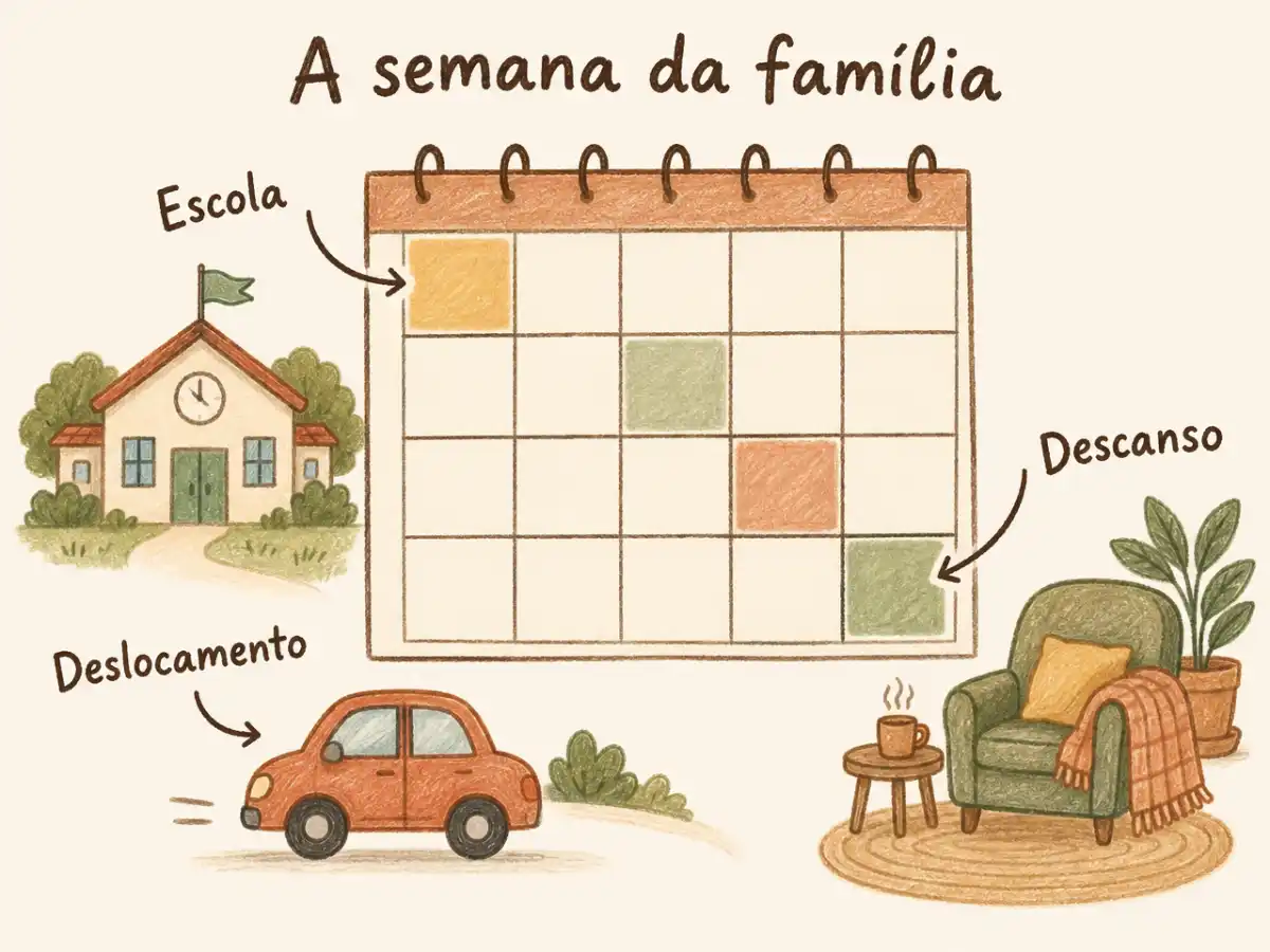 Ilustração com o título A semana da família e os rótulos Escola, Deslocamento e Descanso