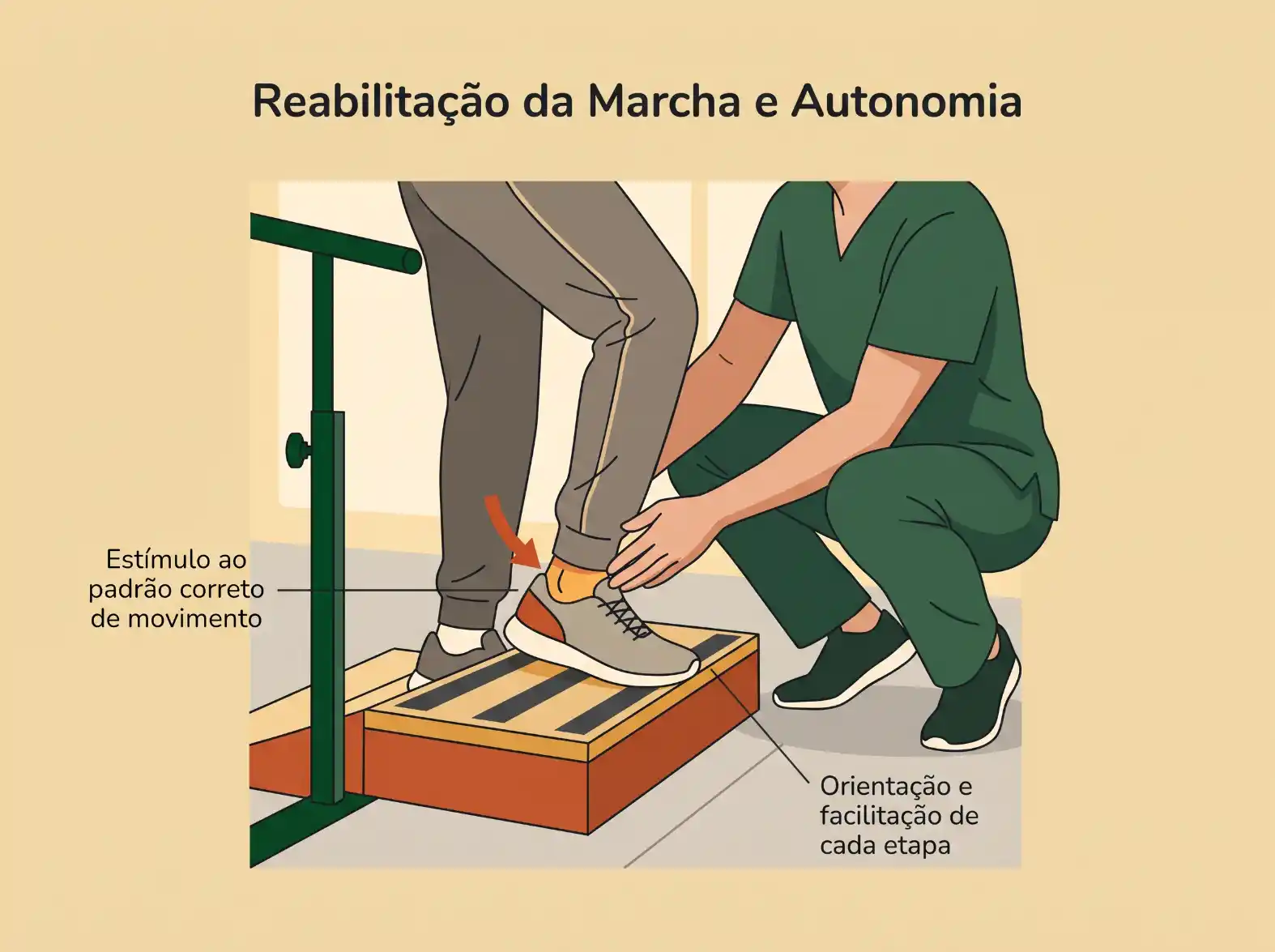 Ilustração sobre reabilitação da marcha e autonomia: profissional ajudando uma pessoa a dar passos em um apoio com orientação e estímulo ao padrão correto de movimento.