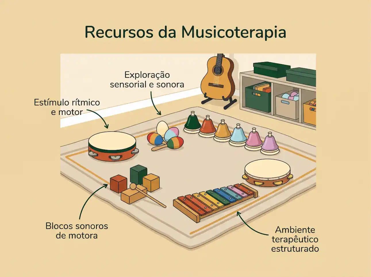 Ilustração educativa de recursos da Musicoterapia com instrumentos como violão, tambor, sinos coloridos e blocos sonoros de motora, além de ambiente terapêutico estruturado.