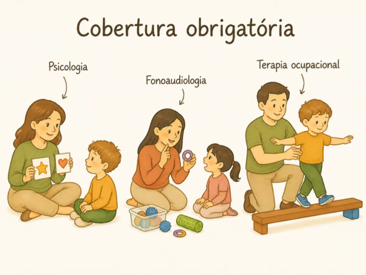 Ilustração com o título Cobertura obrigatória e os rótulos Psicologia, Fonoaudiologia e Terapia ocupacional