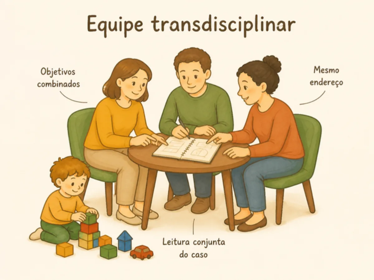 Ilustração com o título Equipe transdisciplinar e os rótulos Objetivos combinados, Mesmo endereço e Leitura conjunta do caso